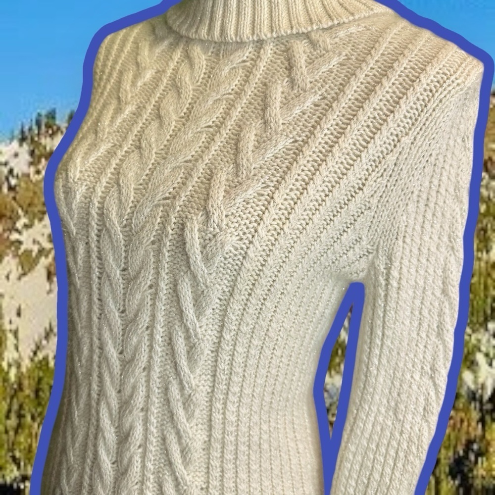 Eddie Bauer Vintage Cream & Silver Metallic Cable Knit Angora-Blend Sweater Sz S - Picture 11 of 12